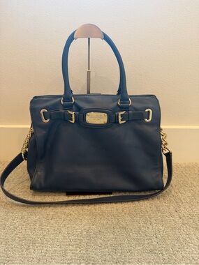 Michael Kors Navy Pebble Leather Satchel with Gold Accents